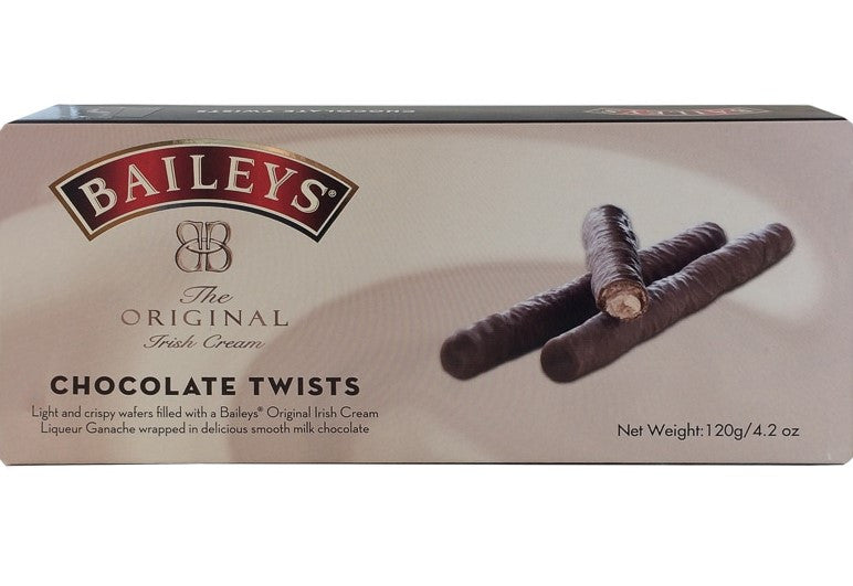 Baileys Chocolate Twists snack in a 107g package, featuring crispy chocolate-coated biscuit twists from Baileys brand.