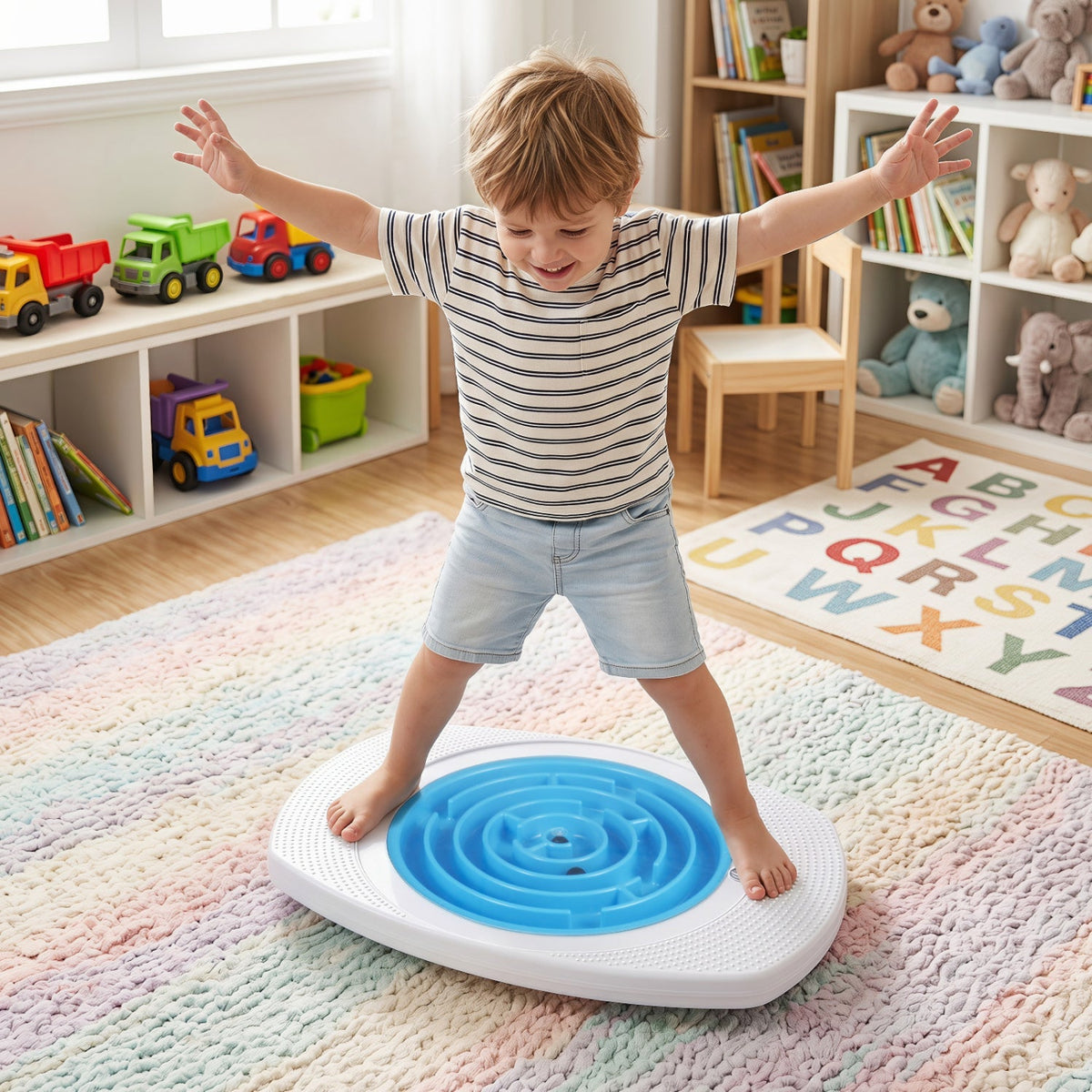Colorful GBruno Store balance board maze for kids with three difficulty levels, featuring a playful maze design for balance and coordination.