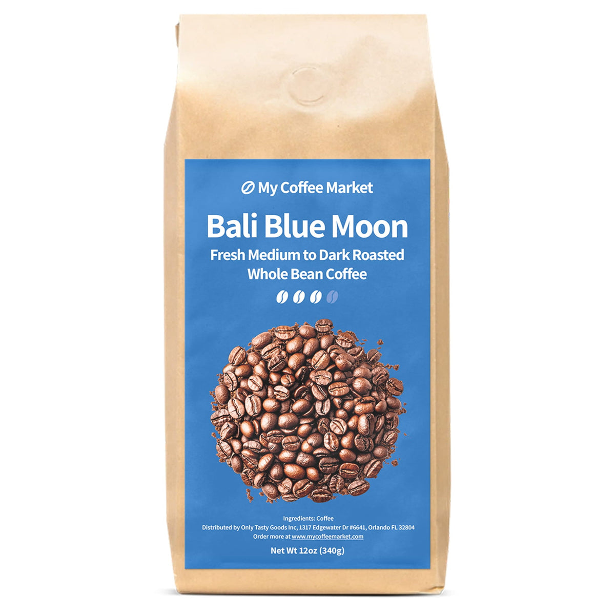 Bali Blue Moon medium to dark roast whole bean coffee by My Coffee Market, 12 oz bag showing rich roasted coffee beans.