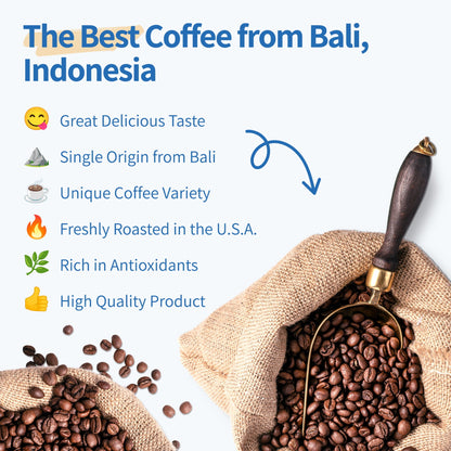 Bali Blue Moon medium to dark roast whole bean coffee by My Coffee Market, 12 oz bag of premium Arabica coffee beans.
