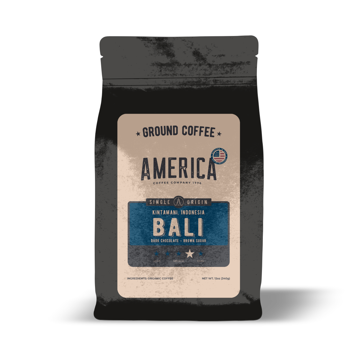 Bali single origin coffee grounds from America Supply Company LLC, showing a bag of aromatic Bali coffee grounds.