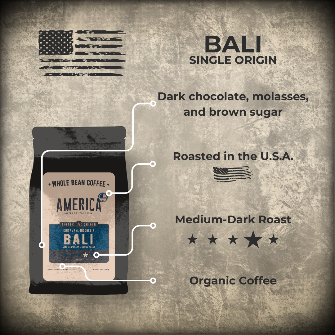 Bali single origin coffee beans from America Supply Company LLC displayed in a bag with a label.