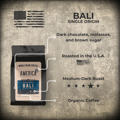 Bali single origin coffee beans from America Supply Company LLC displayed in a bag with a label.