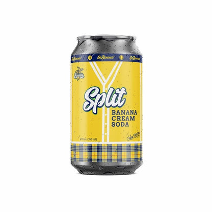 A bottle of Banana Cream Soda by New Creation Soda Works, showcasing the beverage with a vibrant label and a clear glass.