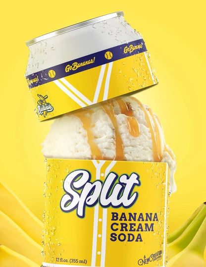 Bottle of Banana Cream Soda by New Creation Soda Works, showing the colorful label and fizzy beverage inside.