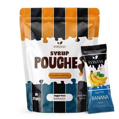 Sweet banana syrup pouch by Syruvia, sugar-free banana-flavored syrup in a convenient pouch for drinks and desserts.