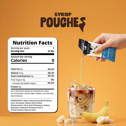 Sweet banana syrup pouch from Syruvia, sugar-free banana flavor, ideal for toppings or beverages.
