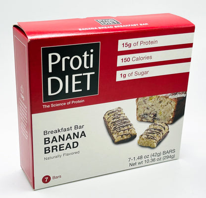 AmBari Nutrition ProtiDiet Banana Bread Bar, a nutritious snack bar with banana bread flavor and textured surface.