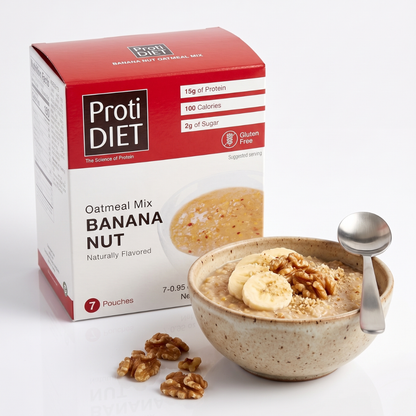 Banana Nut Oatmeal by ProtiDiet featuring a bowl of creamy oatmeal topped with banana slices and nuts, healthy food option from AmBari Nutrition.