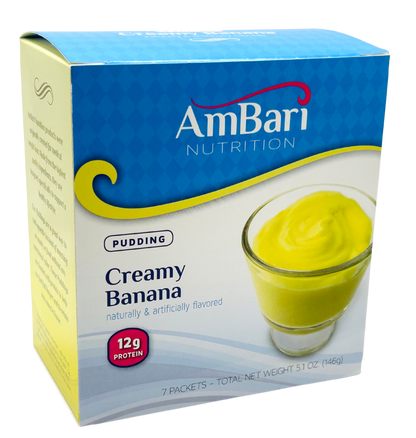 AmBari Nutrition banana creme pudding in a bowl, creamy banana dessert with a smooth texture and vanilla flavor.