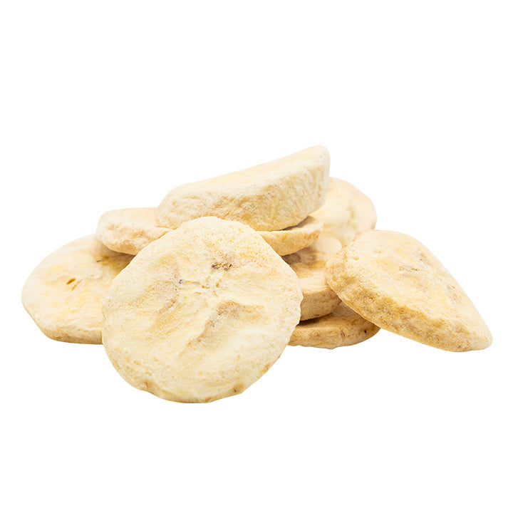 Freeze-dried banana slices from VFD.US, single ingredient fruit chips, showing golden, crispy banana chips on a white background.