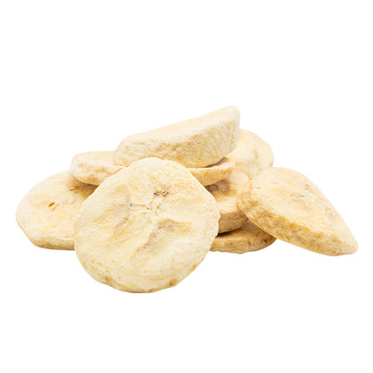 Freeze-dried banana slices from VFD.US, single ingredient fruit chips, showing golden, crispy banana chips on a white background.