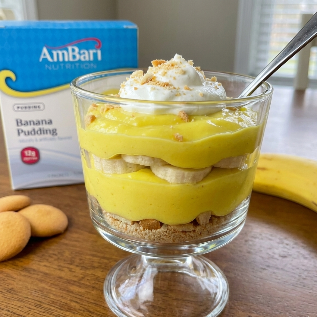 Creamy banana pudding by AmBari Nutrition, showcasing a smooth, banana-flavored food dessert in a bowl.