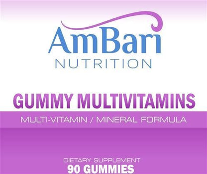 AmBari Nutrition Gummy Multivitamins for bariatric supplements, showing colorful chewable vitamin gummies in a clear container.