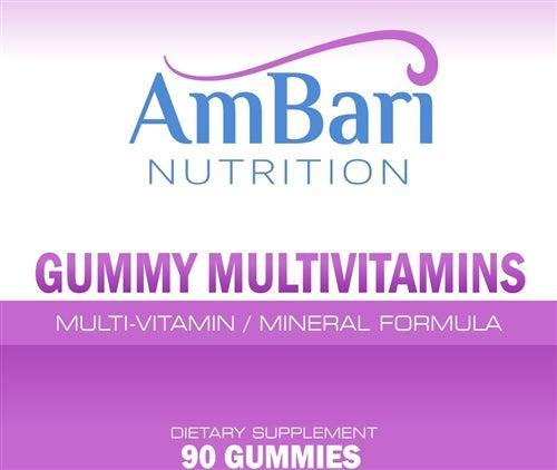AmBari Nutrition Gummy Multivitamins for bariatric supplements, showing colorful chewable vitamin gummies in a clear container.