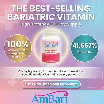 Bariatric One-A-Day Multivitamin supplement bottle by AmBari Nutrition, showing the label with capsules inside
