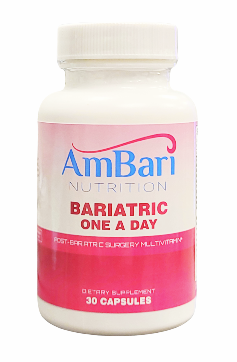 Bariatric One-A-Day Multivitamin supplement bottle from AmBari Nutrition, featuring colorful label and capsule imagery.