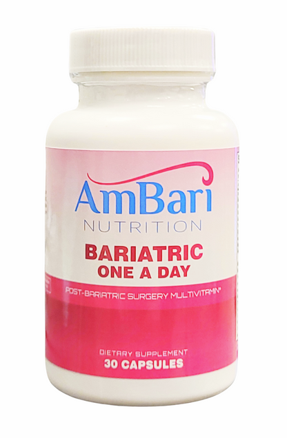Bariatric One-A-Day Multivitamin supplement bottle from AmBari Nutrition, featuring colorful label and capsule imagery.