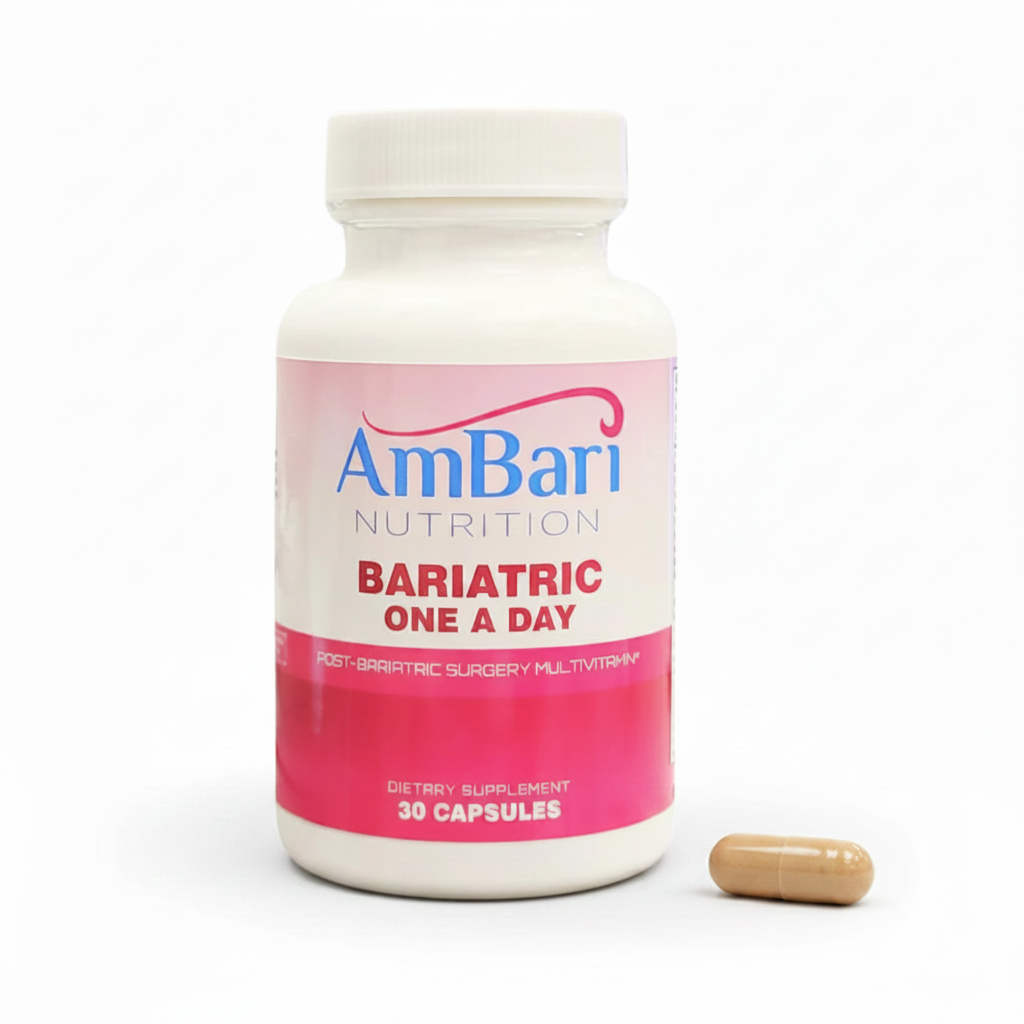 Bariatric One-A-Day Multivitamin supplement bottle by AmBari Nutrition with label and capsule capsules visible.