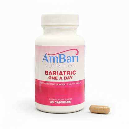 Bariatric One-A-Day Multivitamin supplement bottle by AmBari Nutrition with label and capsule capsules visible.
