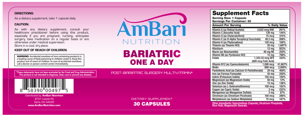 Bariatric One-A-Day multivitamin supplement by AmBari Nutrition, featuring a white label with colorful text and branding details.