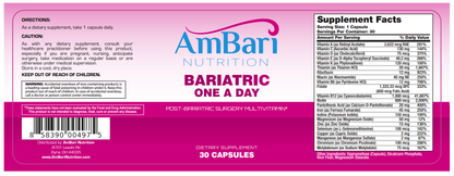 Bariatric One-A-Day multivitamin supplement by AmBari Nutrition, featuring a white label with colorful text and branding details.
