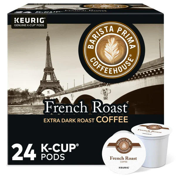 Barista Prima Coffeehouse French Roast K-Cups in a box, showcasing dark roasted coffee capsules by KupofK Coffee.
