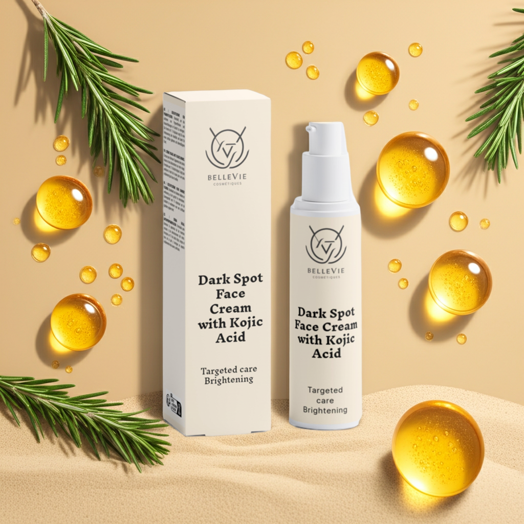 Dark spot face cream with kojic acid by BelleVie Cosmétiques, showing a 50ml jar against a clean background.