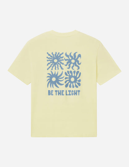 Unisex T-shirt from Elevated Faith with a "Be the Light" graphic design in black on a white fabric.