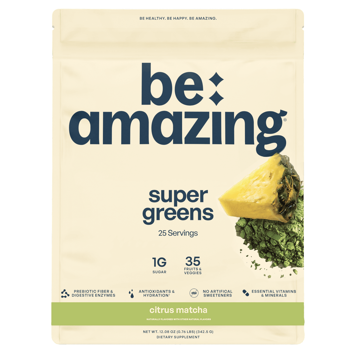 Be Amazing Super Greens powder with citrus and matcha flavor, showcasing vibrant green powder in a clear jar.