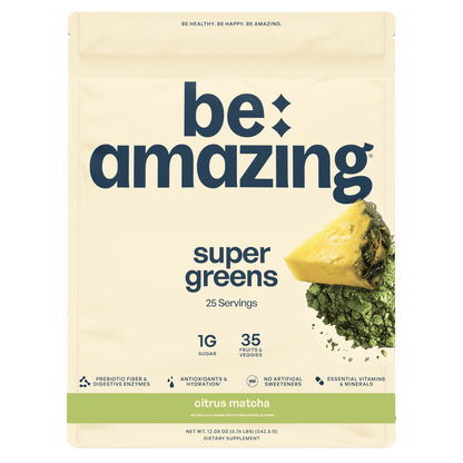 Be Amazing Super Greens powder with citrus and matcha flavor, showcasing vibrant green powder in a clear jar.