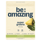Be Amazing Super Greens powder with citrus and matcha flavor, showcasing vibrant green powder in a clear jar.