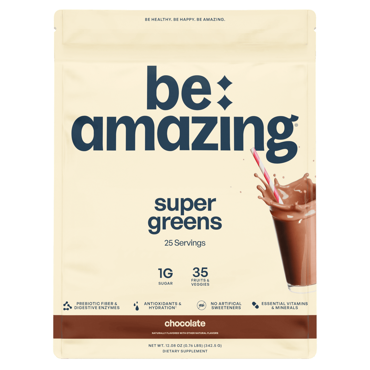 Be Amazing Super Greens powder in chocolate flavor, featuring a vibrant green container and scoop for healthy green superfood nutrition.