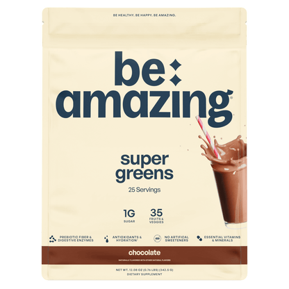 Be Amazing Super Greens powder in chocolate flavor, featuring a vibrant green container and scoop for healthy green superfood nutrition.
