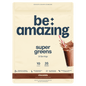 Be Amazing Super Greens powder in chocolate flavor, featuring a vibrant green container and scoop for healthy green superfood nutrition.