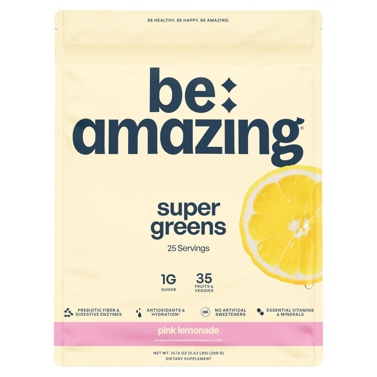 Pink lemonade flavored Be Amazing Super Greens powder in a canister, showcasing vibrant packaging and fresh green ingredients.