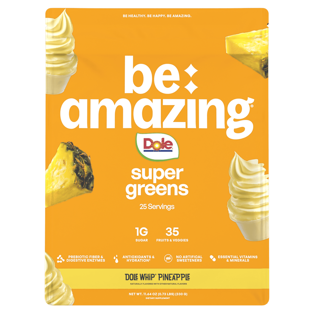 Be Amazing Super Greens powder in a jar with a Dole Whip Pineapple flavor label, showing vibrant green supplement contents.