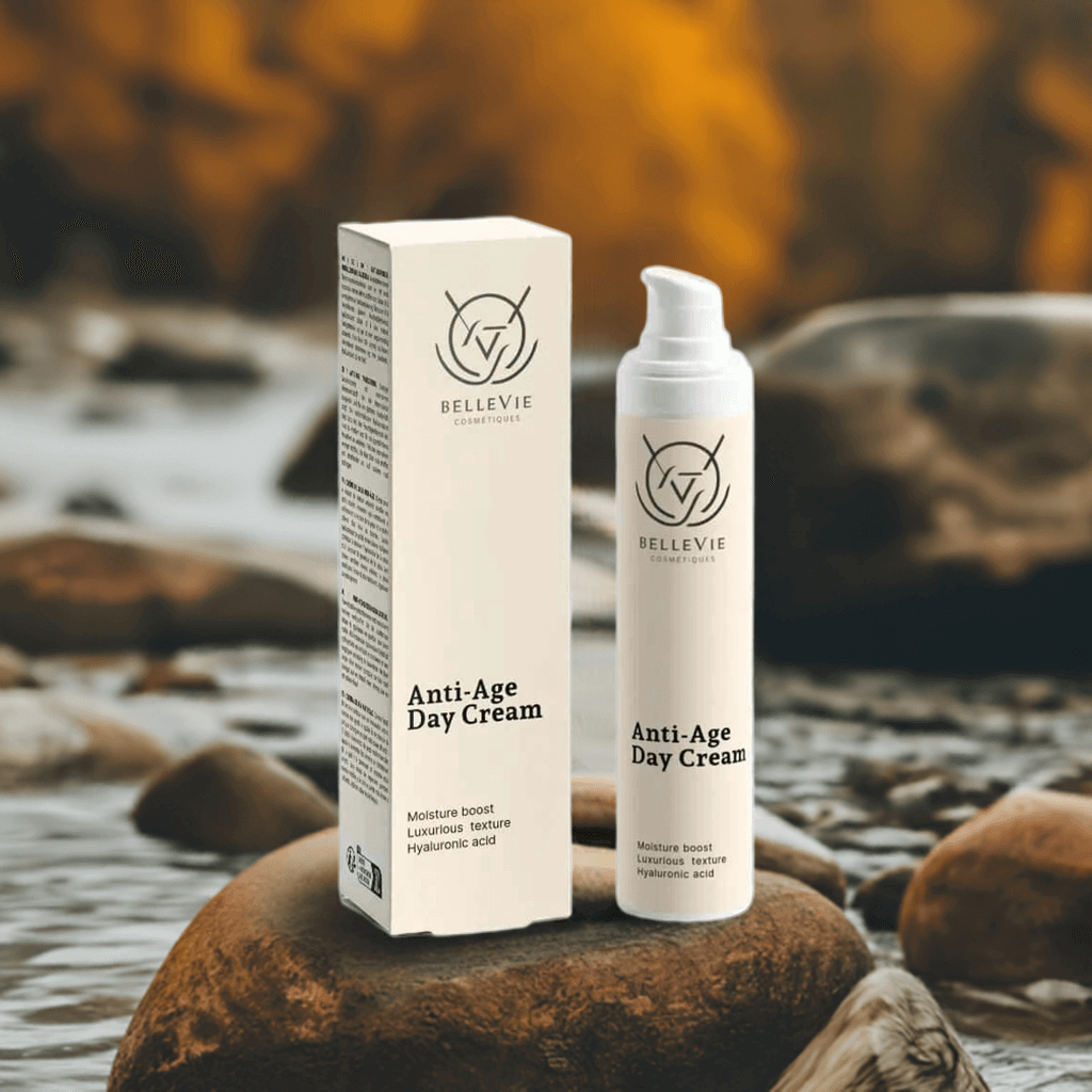 Belleviecosmetic anti-age day cream in 50ml jar, featuring a smooth, hydrating face moisturizer for a youthful, radiant glow.