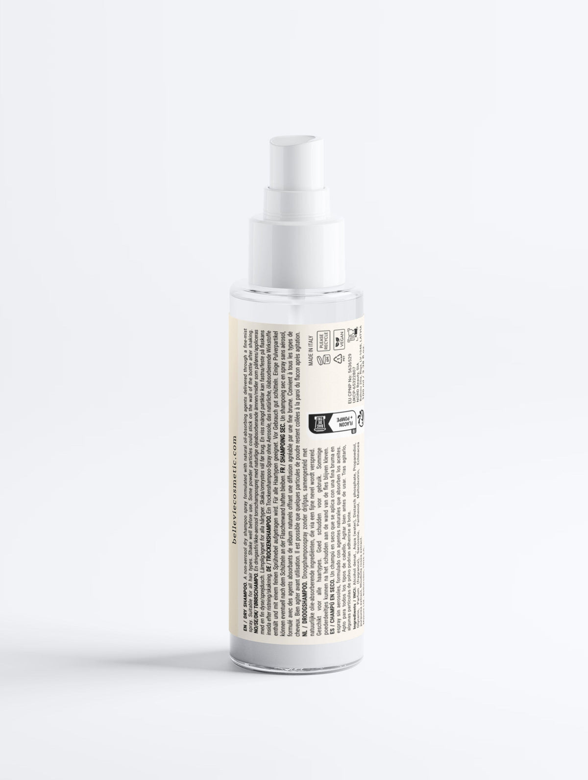 Belleviecosmetic Quick Refresh Dry Shampoo Spray 150ml with transparent formula for all hair types, vegan and ECOCERT certified.