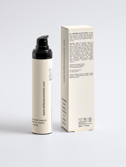 Back view of BelleVie men's hyaluronic acid face cream 50ml bottle and box showing ingredients and COSMOS Natural certification.