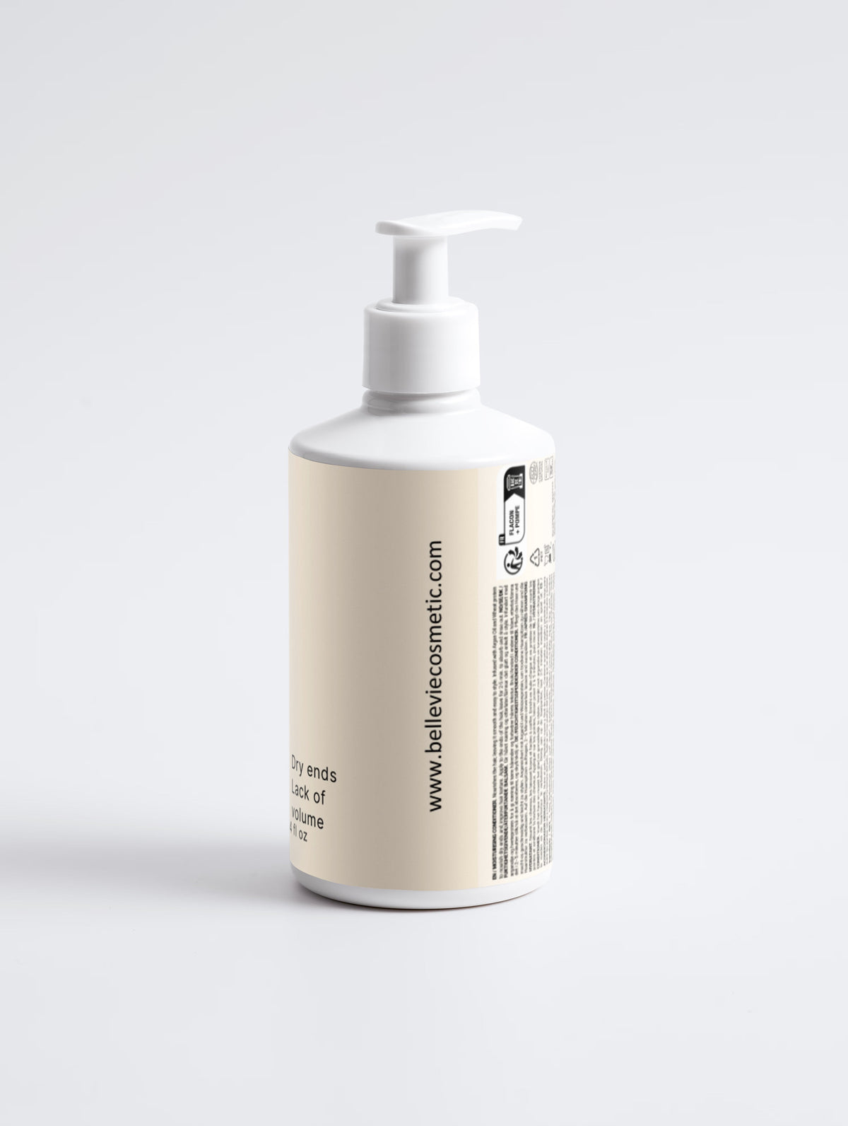 Belleviecosmetic shiny hair duo: moisturizing shampoo and conditioner bottles with ingredients list and dry, limp hair.