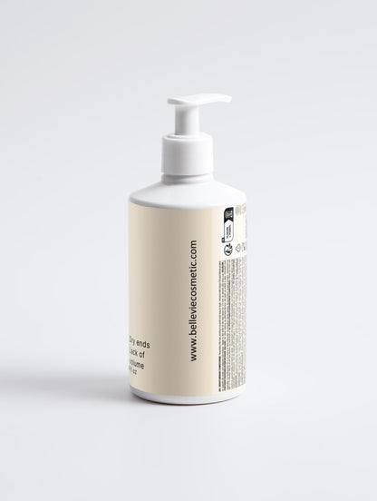 Belleviecosmetic shiny hair duo: moisturizing shampoo and conditioner bottles with ingredients list and dry, limp hair.