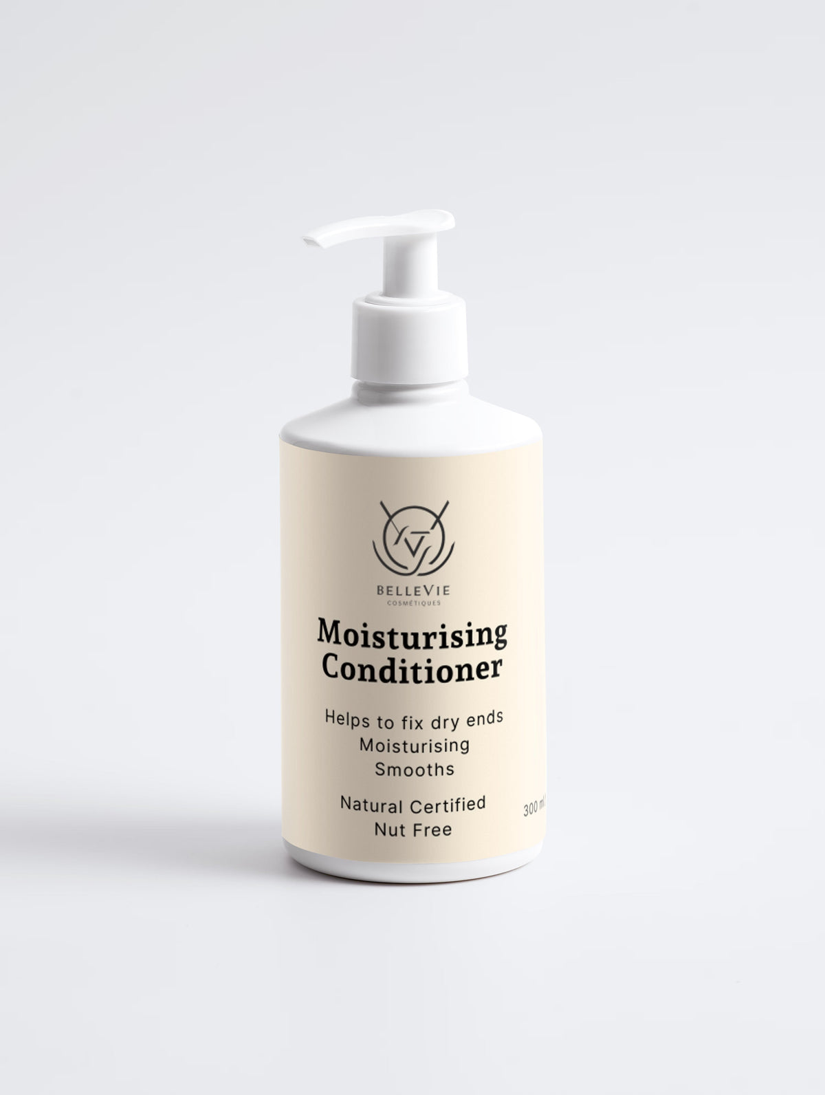 Belleviecosmetic shiny hair duo with moisturizing shampoo and conditioner in white pump bottles, helps repair dry ends, infused with argan oil.