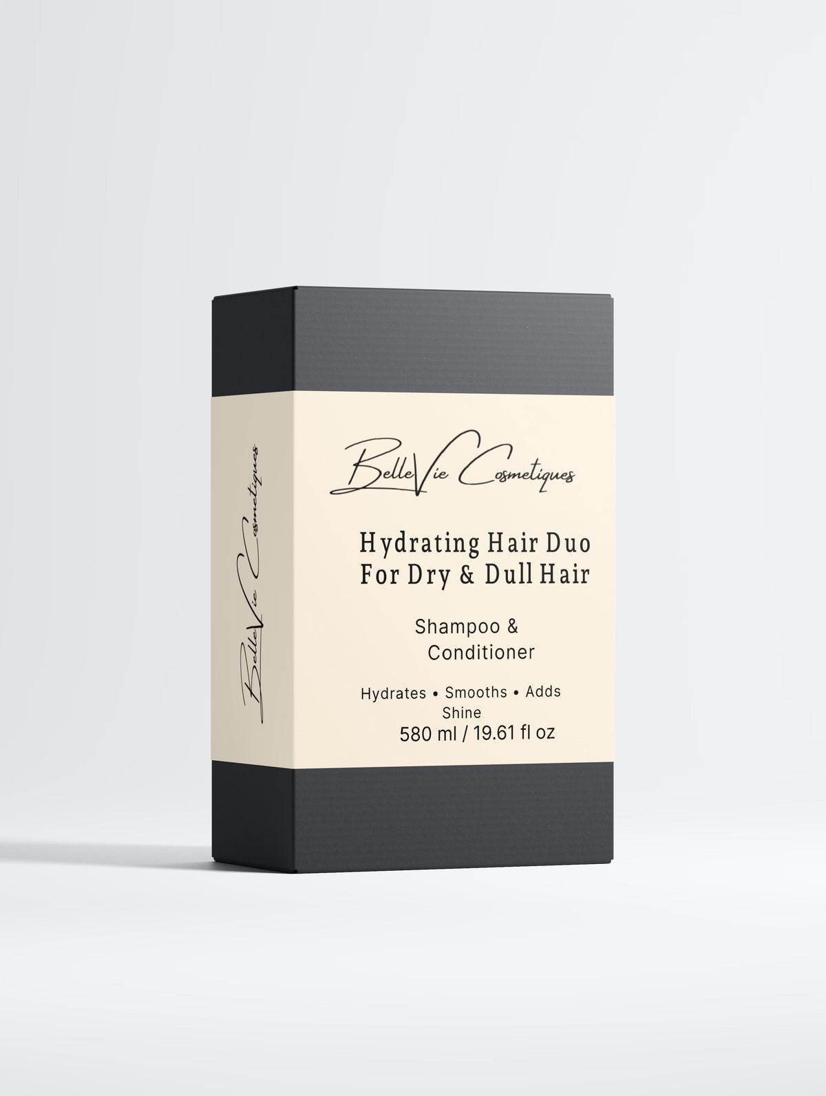 Belleviecosmetic Shiny Hair Duo gift set featuring moisturizing shampoo and conditioner in white bottles on a white background