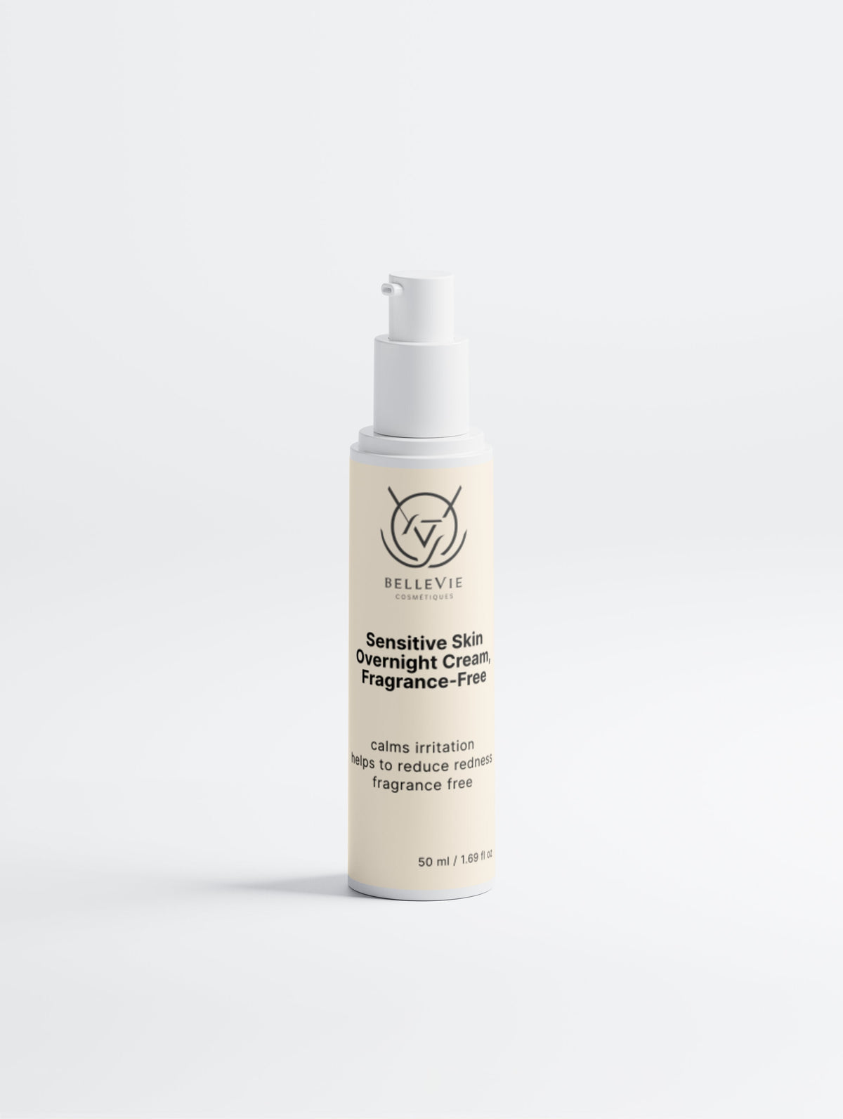 Belleviecosmetic sensitive skin overnight moisturizer with aloe vera and hyaluronic acid, fragrance-free for redness and irritation.