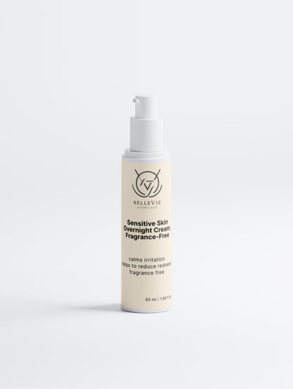 Belleviecosmetic sensitive skin overnight moisturizer with aloe vera and hyaluronic acid, fragrance-free for redness and irritation.