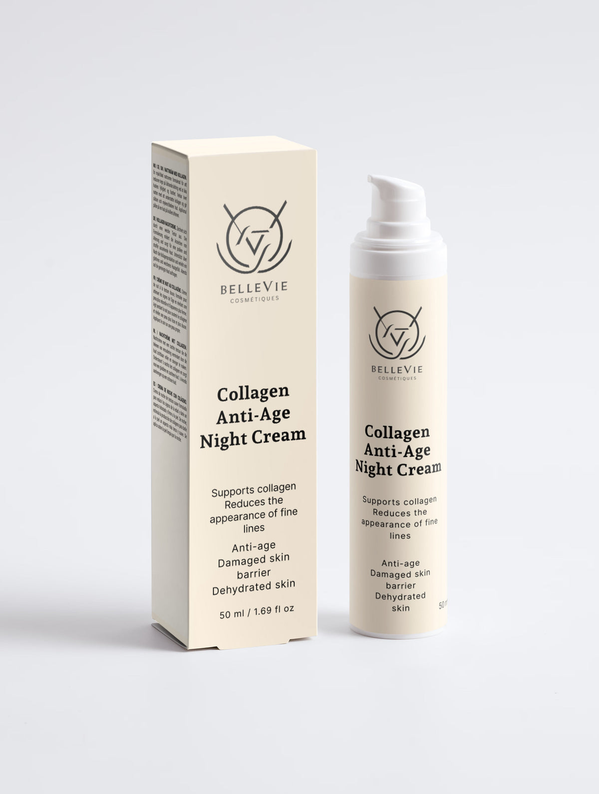 BelleVie Cosmétiques collagen anti-age night face cream bottle showing deep hydration and firming support for overnight skin renewal
