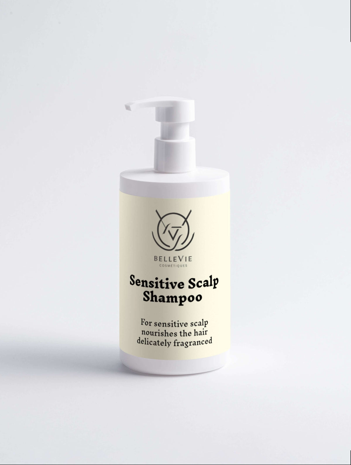 Belleviecosmetic Sensitive Scalp Shampoo 400ml bottle with gentle, natural formula for soothing, cleansing, and nourishing scalp.