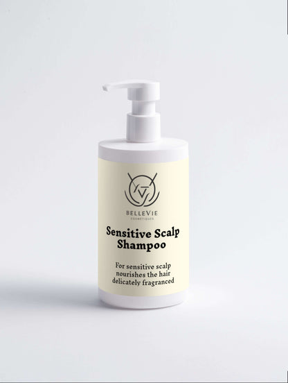 Belleviecosmetic Sensitive Scalp Shampoo 400ml bottle with gentle, natural formula for soothing, cleansing, and nourishing scalp.