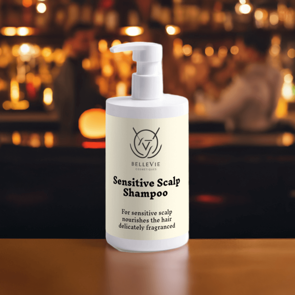 Belleviecosmetic Sensitive Scalp Shampoo 400ml bottle, clear and gentle for soothing, cleansing, and nourishing sensitive scalps.